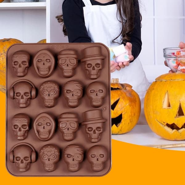 Dödskalleformade bakformar, 3D Halloween gotisk stil, 16 hålrum, non-stick, för godis (W)