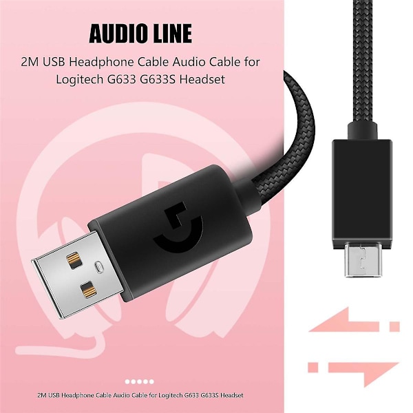 2M USB-hörlurskabel Ljudkabel för G633 G633S-headset