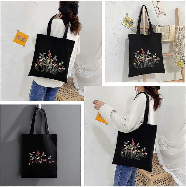 Broderikit med blommor för svart canvas med mönster