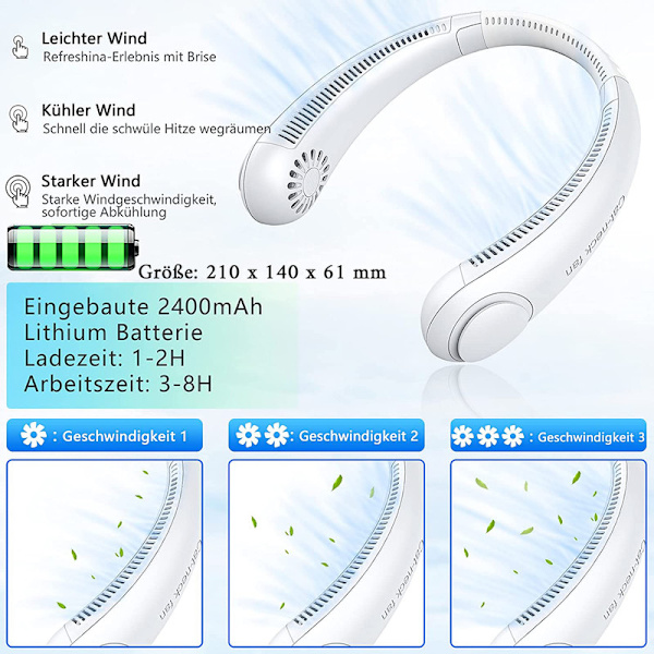 Bärbar Personlig Fläkt Tyst Vindkompis UL-Certifierad 10W Tyst Kylning 360 Grader (W)