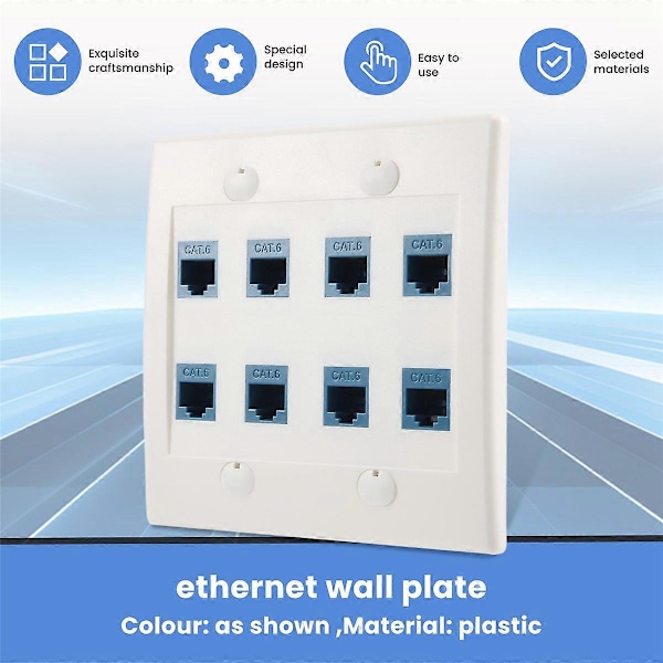 Ethernet Vægplade 8 Port - Dobbelt Gang Cat6 RJ45 Jack Netværkskabel Frontplade Hun til Hun - B (W)