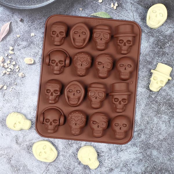 Dödskalleformade bakformar, 3D Halloween gotisk stil, 16 hålrum, non-stick, för godis (W)