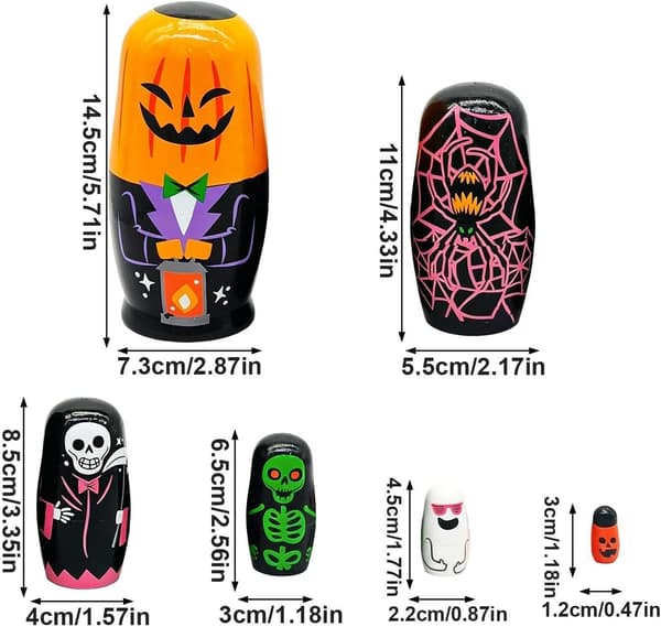 6-lags græskarformede russiske \"nesting dolls\" til Halloween, træstablelegetøj (W)