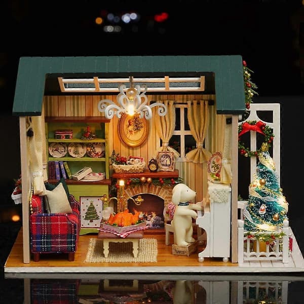 DIY Jul-miniatyrdockskåpskit Realistiskt mini 3D-trähus sovrumshantverk med möbler och LED-lampor