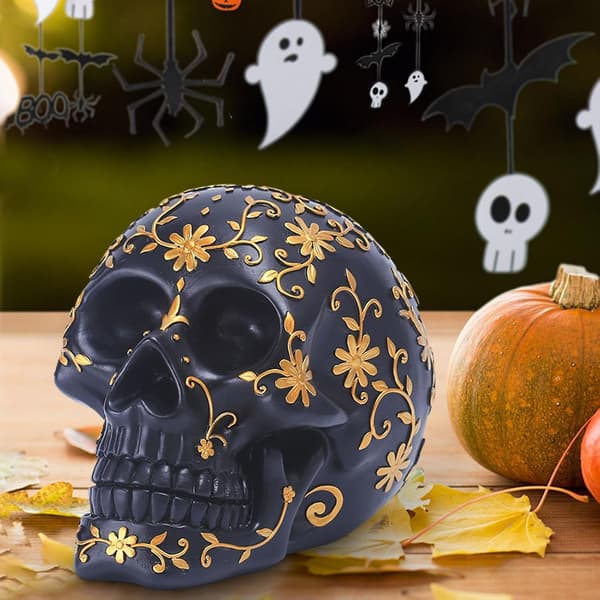 Dödskalleskulptur, 14,5 cm, dekorativ hartsskulptur för Halloween, hartshantverk (W)