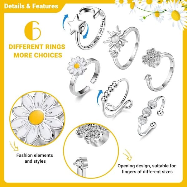 Fidget ringe mod angst - sæt med 6 justerbare stressreducerende ringe, med sol, stjerne, måne, marguerit og firkløver