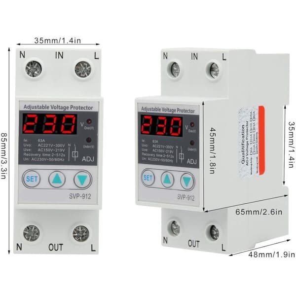 230V Spänningsregulator — Justerbart överspännings- och underspänningsskydd (SVp-912, 63A)