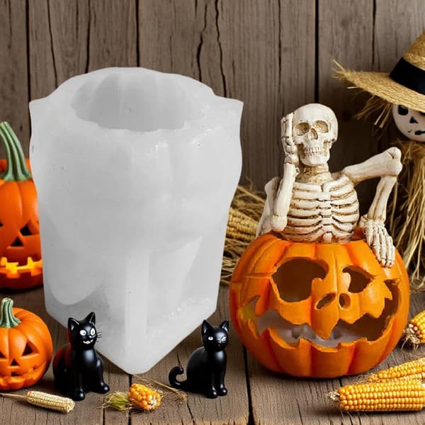 Håndlaget gresskarhodeskalle-lysform for såpe, leirehåndverk, 3D-lysform til Halloween (W)