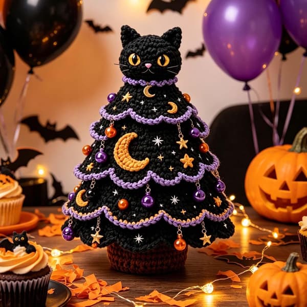 Hæklekit til Halloween (20×20×3 cm), Halloween-træformet skrivebordsdekoration, håndværkssæt (W)