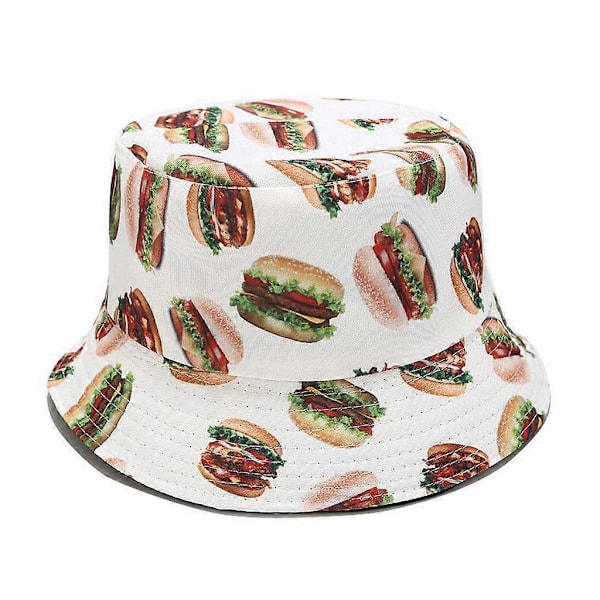 Unisex Dobbeltsidet Vendbar Spandhat Tegneserie Sushi Hamburger Mad 3D Digital Print Bred Skygge Sammenfoldelig Fiskerhat (W)
