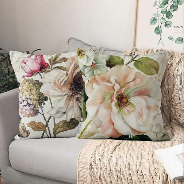 Sæt med 4 Retro Rose Blomst Beige Sofapuder Vaskbart Polyester Hør Tekstil Dekorativ - ya01 (Fww)