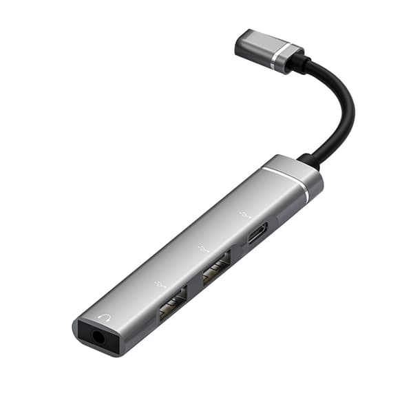 USB-C Hub 4-i-1 med 3,5 mm lyd og UDisk-understøttelse, grå
