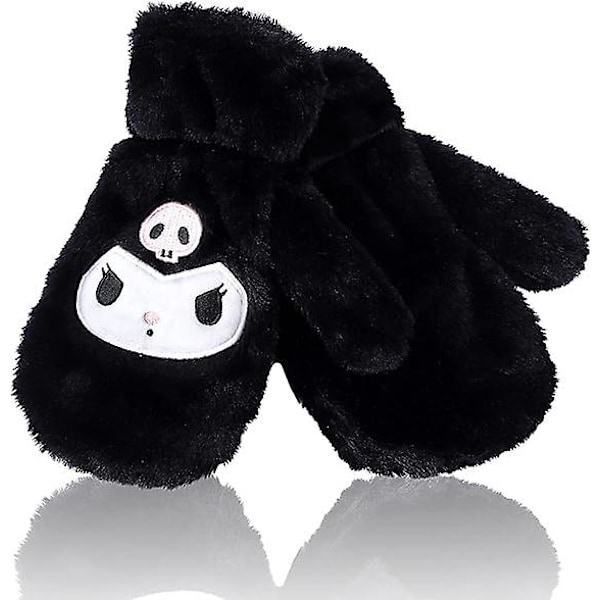 2 stk Anime Vanter Sjal Sæt Kuromi Fuzzy Sjal Fuld Finger Plys Fleece Vanter Handsker Vinter Sjal Sort [fw}