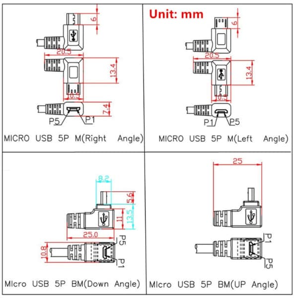 Vinkel Micro USB 5P Han til USB C Hun Konverter 30cm