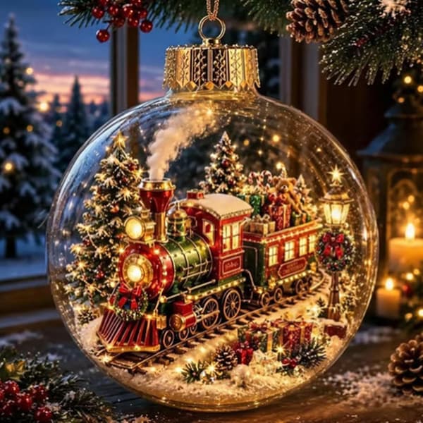 3D Lysende Julepynt (Tog) - Gennemsigtig og lysende juledekoration. (W)