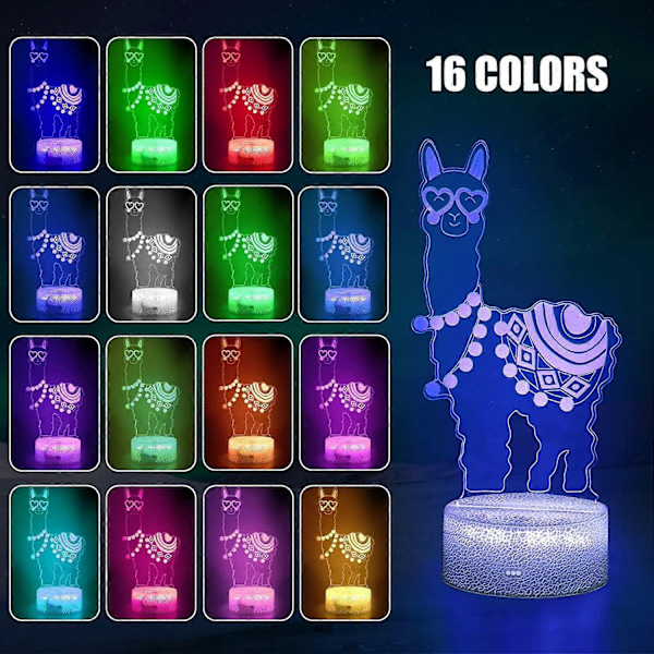 Lama 3D Illusion Natlampe, Alpaka Lampe 16 Farveskiftende Fjernbetjening & Touch Kontrol Natlampe Soveværelsesindretning Lama Gaver Som Fødselsdags Ch (W)