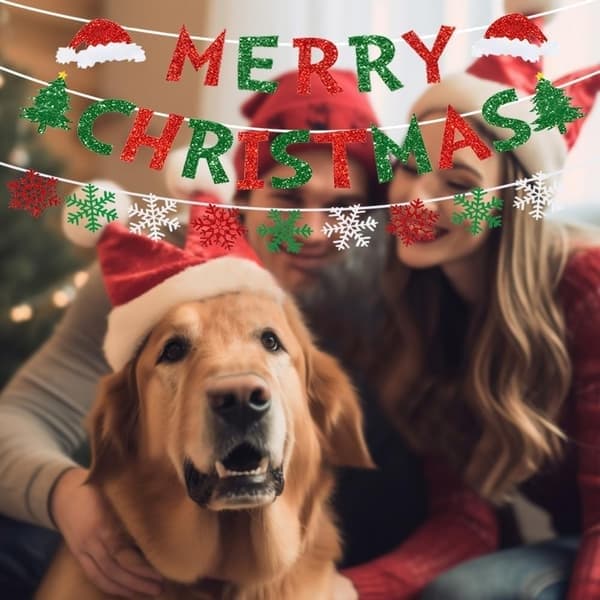 God Jul Banner Rød Grønn Glitter Snøfnugg 1