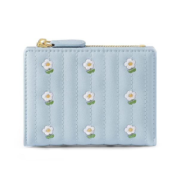 Tri-fold lommebok for kvinner med blomstermønster, lys grå
