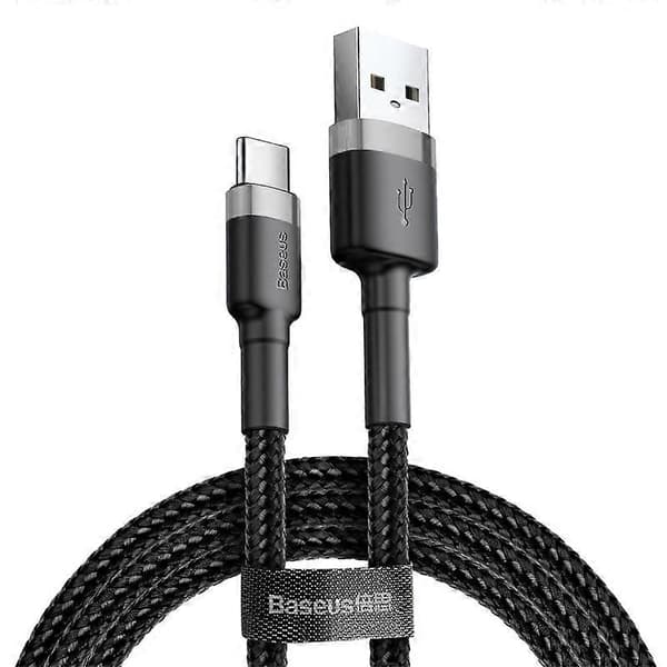 2M pitkä harmaa ja musta nylonpunottu USB-C-latauskaapeli 2A kapasiteetilla