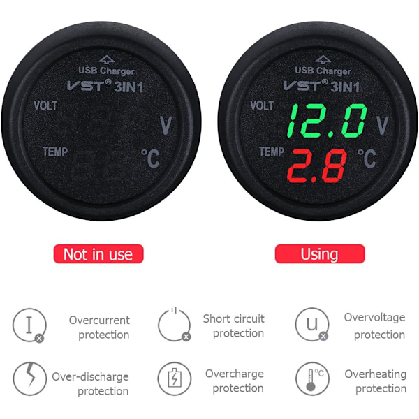 12-24 V biloplader stik med USB-port/voltmeter/termometer til biler (grøn + rød)