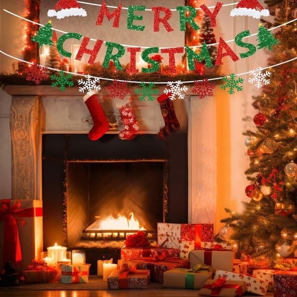God Jul Banner Rød Grønn Glitter Snøfnugg 1