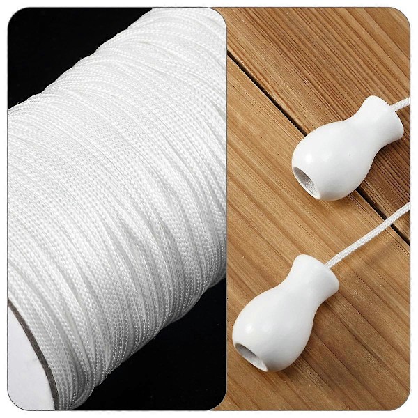 100 meter Romersk Persienne Snor Flettet Løftesnor og 12 Stykker Tre Persienne Snortrekkere for DIY (Hvit)