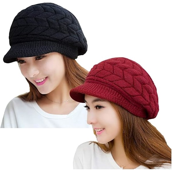 Slids 2-pak A-sort og bordeaux dame vinter varm strikket hue slouchy hue med skygge