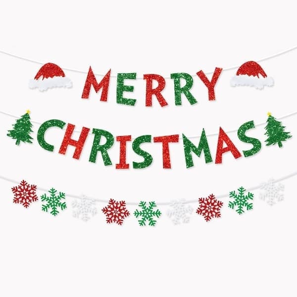 God Jul Banner Rød Grønn Glitter Snøfnugg 1