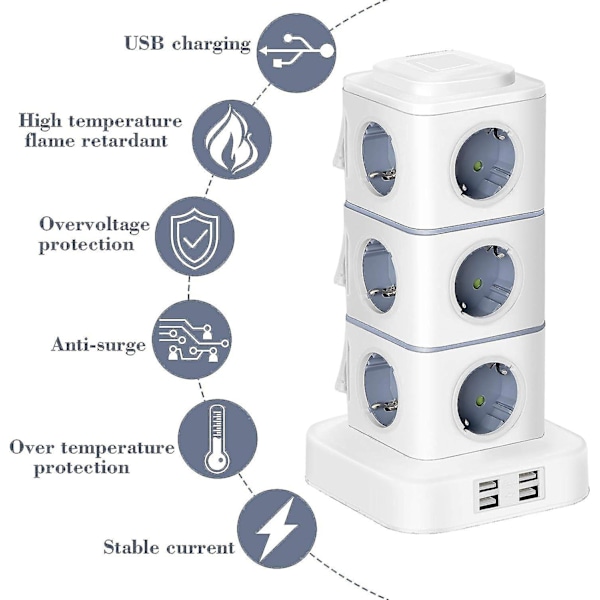 Vertikal Strømbrett, 12 Strømuttak Med 4 USB-Porter, Med Overspenningsvern For Hjem, 3m Forlengelsesledning (2500w/10a