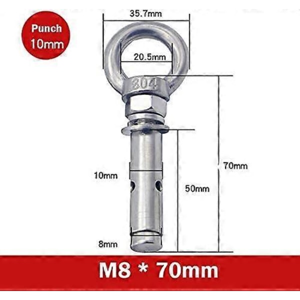 2 KPL Pitkä Silmukkapultti Renkaalla 304 Ruostumaton Teräs Seinäkiinnityspultit M8 x 70 mm Muurausbetoniruuvit (L)