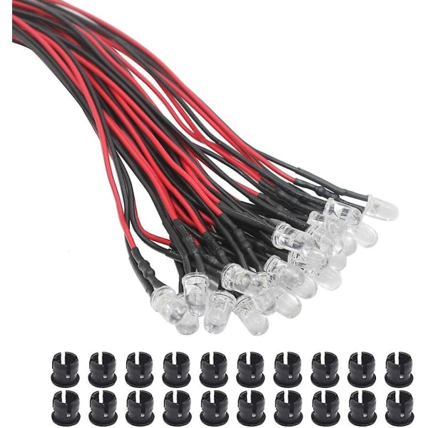 20 x 3 mm lysdioder med 20 cm kabel DC 12 V LED-klara monteringsringar plast (varmvit) (santanxing)[fw] red