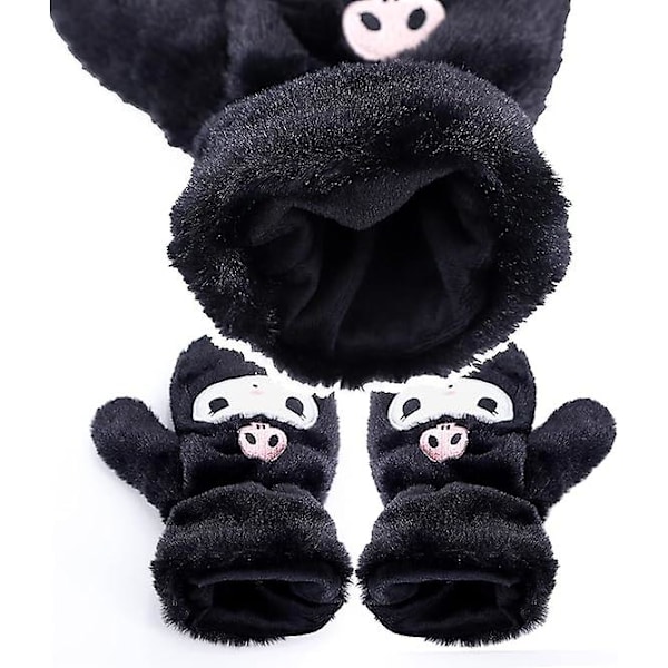 2 stk Anime Vanter Sjal Sæt Kuromi Fuzzy Sjal Fuld Finger Plys Fleece Vanter Handsker Vinter Sjal Sort [fw}