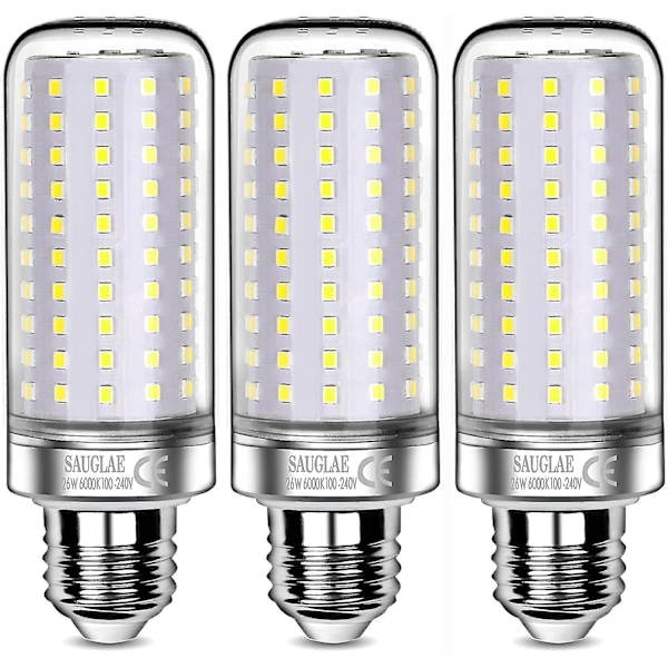 26W LED-lampor, motsvarande 200W glödlampa, 3000lm, 6000K kallvit, E27 Edison-skruvlampor, 3-pack [Energiklass E]