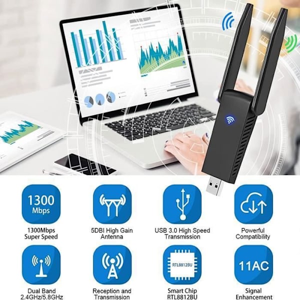 USB WiFi-nøgle - Leytn® - 1300Mbps - 5dBi antenne - USB 3.0 - Kompatibel med Windows/Mac/Linux