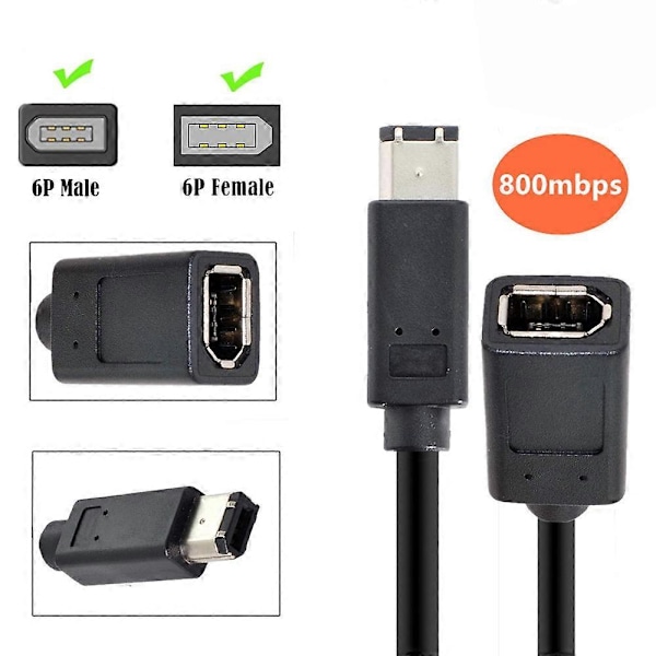 CA-001 20cm IEEE 1394 6-pin hun til 1394a 6-pin han forlængerdatakabel 400 til 400 Firewire - Sort (W)