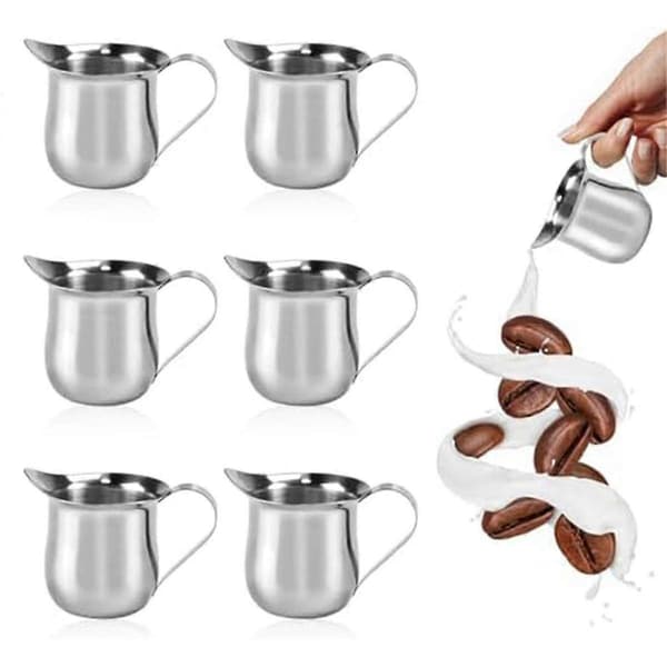 6 stk. Mini flødekander i rustfrit stål, 90 ml/3 oz, til kaffe og mælkeskumning (Fww) Silver