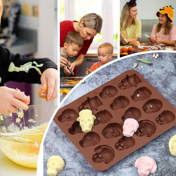 Dödskalleformade bakformar, 3D Halloween gotisk stil, 16 hålrum, non-stick, för godis (W)