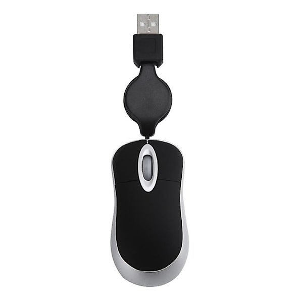 Mini USB-mus med tilbaketrekkbar kabel, liten mus, 1600 DPI optisk, reisemus for Windows 98 2000 XP