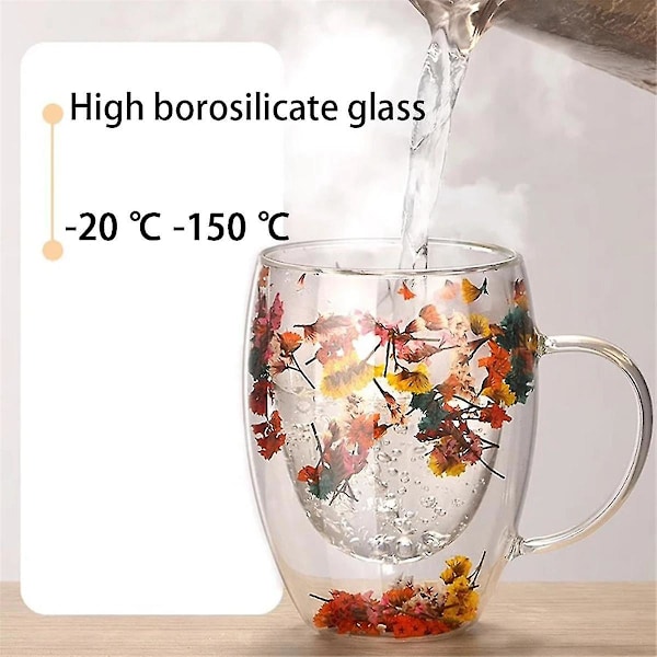 Torkade blommor Dubbelväggiga Kaffemuggar i Klart Glas Dubbelisolerad Glaskopp för Varma och Kalla Drycker [FW] As Shown