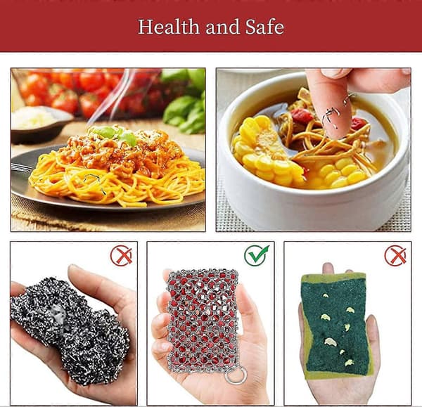 Støbejernspanderenser Chainmail Scrubber med silikoneindsats, 316 rustfrit stål (Fww)