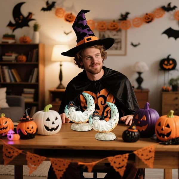 Spøgelsesstatue i harpiks til Halloween i form af et spøgelse med en kat, kreativ månespøgelsespynt (W)