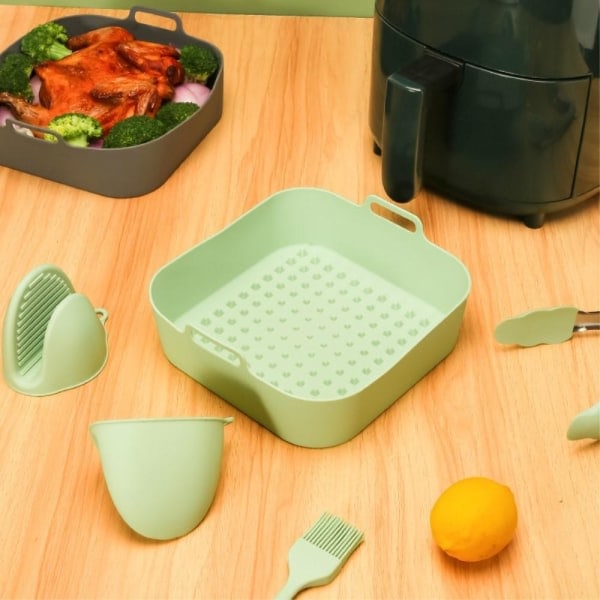 20 cm neliön muotoinen uudelleenkäytettävä silikoninen air fryer -uunitarvike, vihreä