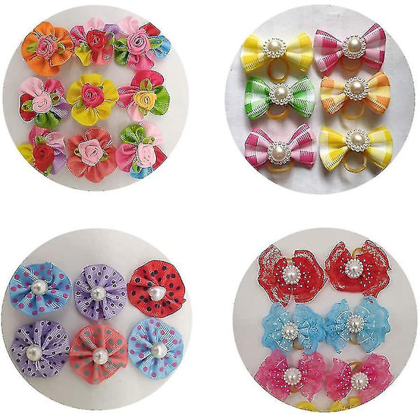 50 st/förpackning Hundhår Bågar Par Rhinestone Pärlor Blommor Topknot Mix Styles Hund Bågar Husdjur Grooming Produkter Mix Färger [FW]