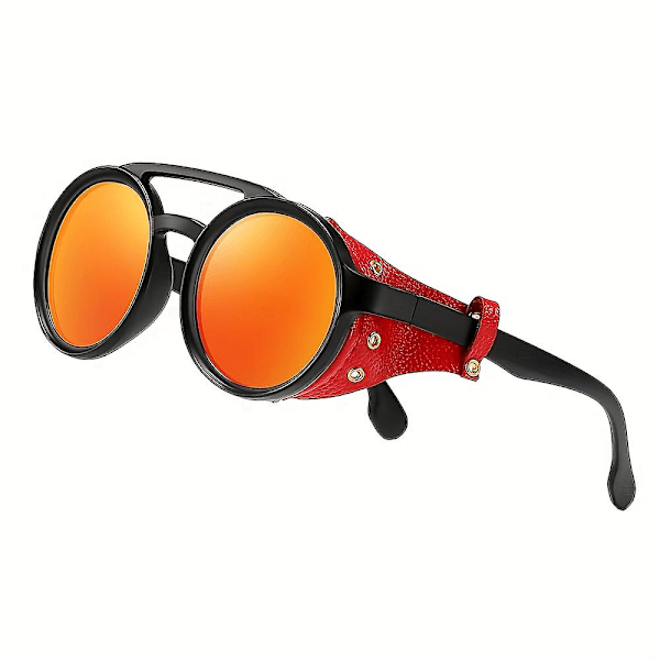 KEITHION, Retro Premium Kule Steampunk Runde Solbriller, Med PU Lærskjermer & Dobbelbroer, For Menn Kvinner Utendørs Fest Orange Red