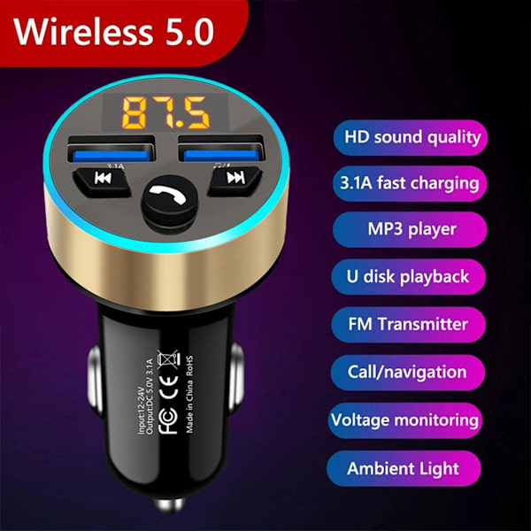Bil Trådløs Bluetooth FM-sender MP3-spiller 2 Handsfree USB