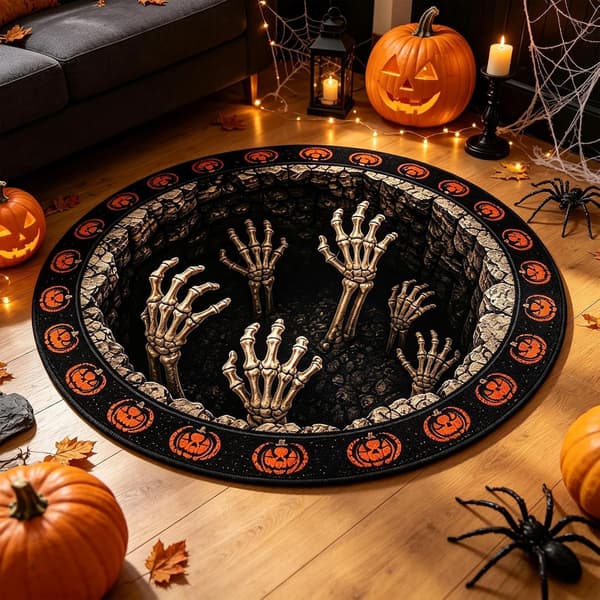 Optisk illusions tæppe: Skridsikkert, rundt og blødt tæppe med Halloween-tema, ideelt til hoveddøre. (W)