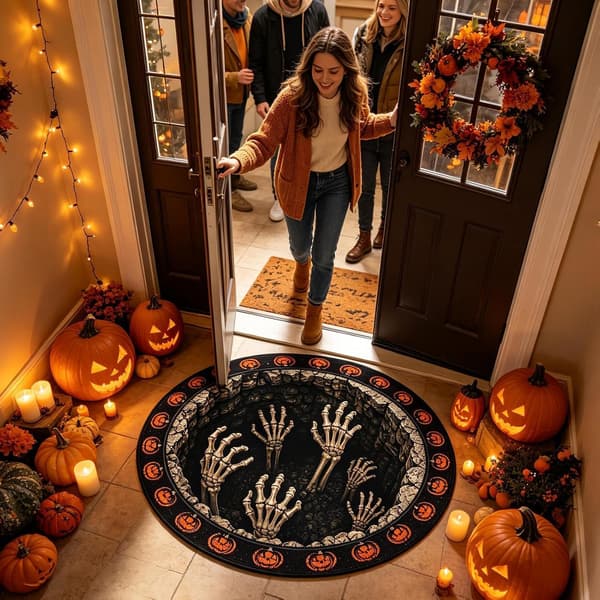 Optisk illusions tæppe: Skridsikkert, rundt og blødt tæppe med Halloween-tema, ideelt til hoveddøre. (W)
