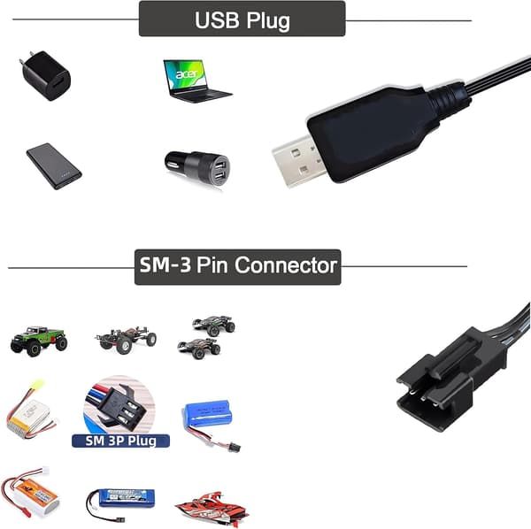 RC Universal USB-ladekabel til 2S 7.4V LiPo-batterier, passer til RC-biler, både, droner, fly