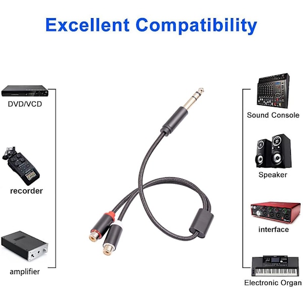 FW Dubbel RCA till 6,35 mm Adapter Splitter Adapter Kabel Guldpläterad Kontakt Sladd