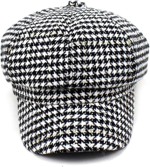 Stilfuld Unisex Efterår Vinter Tweed Newsboy Hat Sort 8 Panel Houndstooth Casual (Fww)